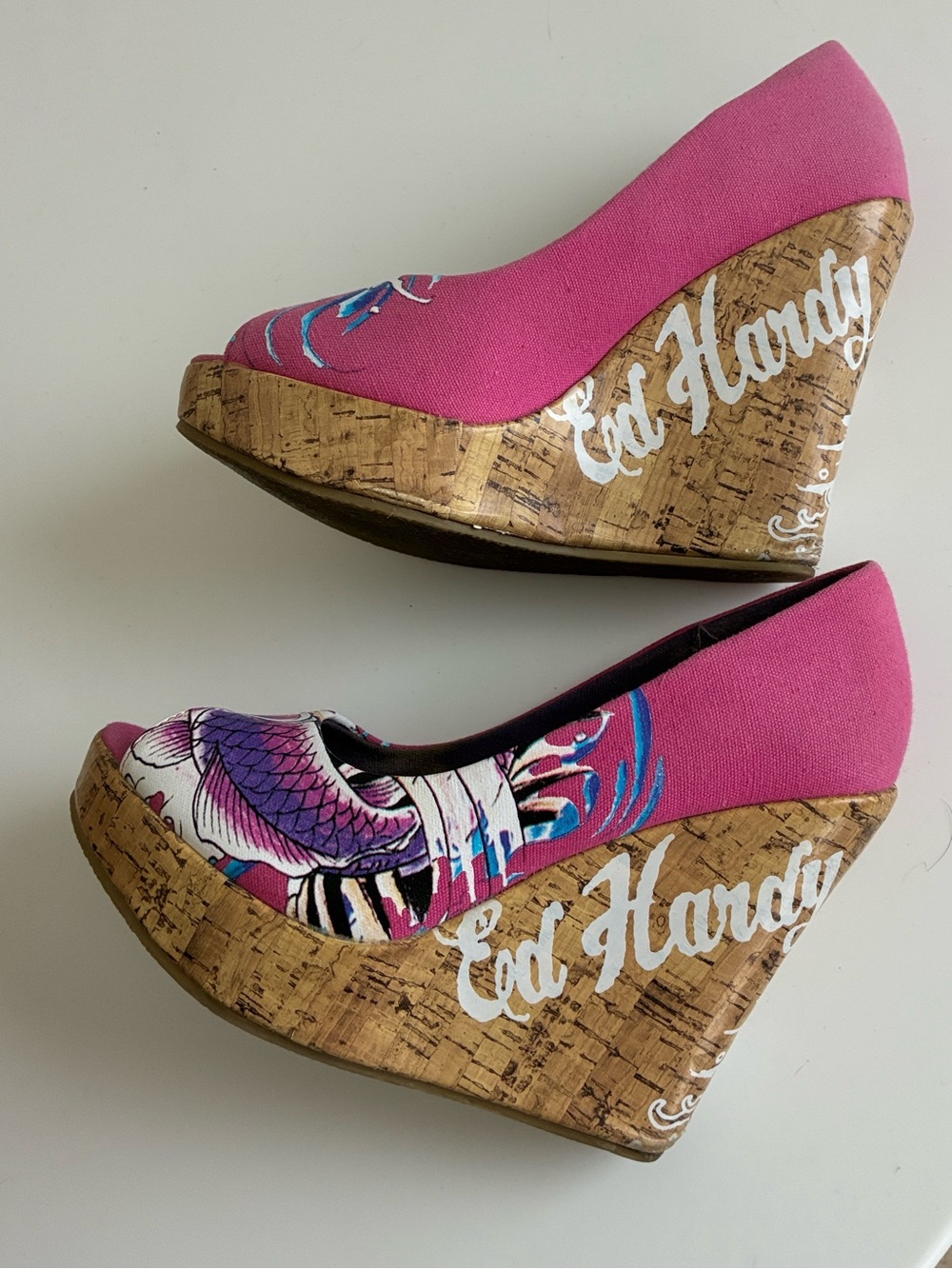 Ed Hardy Pink Koi Peep-Toe Wedges